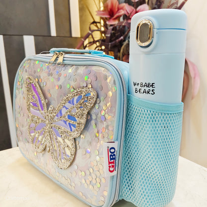3D Butterfly Lunch Bag for Girls – Shiny Sequin Holographic Finish (bottle not included)