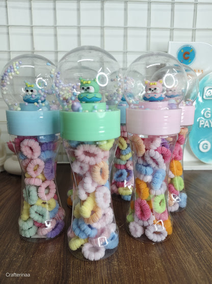 Cute Cartoon Snow Globe Hair Rubber Set for Kids | Soft Pastel Hair Scrunchies Jar