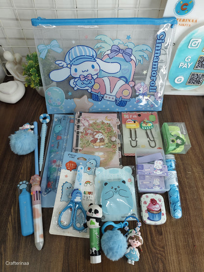 Cute Cartoon Blue Stationery Gift Hamper | Aesthetic Pencil Pouch, Notebook, Scissors & Kawaii Accessories Set