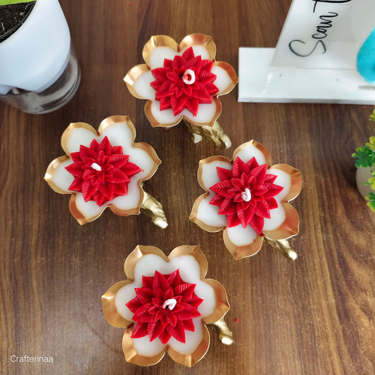 Premium Golden Petal Stand Candle with Red Floral Design|(Set of 2)