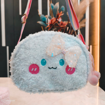 Soft Teddy Sling Bagfor Kids – Soft Furry Cartoon Face Shoulder Bag | Cute Mini Crossbody Bag for Girls”