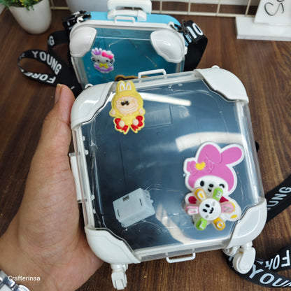 Cute Mini Suitcase LED Crossbody Bag for Kids – Transparent Kawaii Cartoon Travel Style Sling Bag with Wheels & Strap
