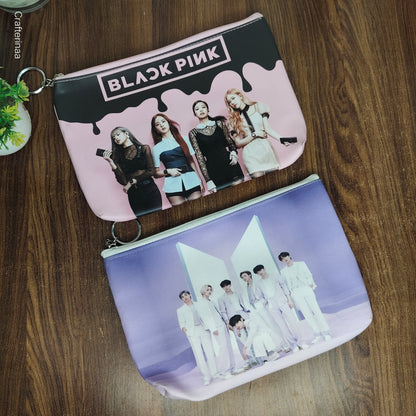 K-Pop Printed Pouch – Blackpink & BTS Zipper Bag for Stationery, Makeup & Travel