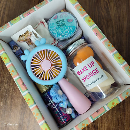 Cute Summer Self Care Gift Hamper for Girls | Mini Fan, Makeup Sponge, Wallet, Jewelry & Accessories Gift Box
