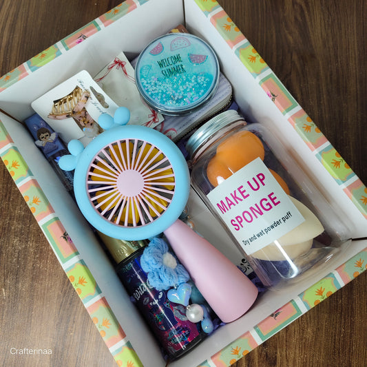 Cute Summer Self Care Gift Hamper for Girls | Mini Fan, Makeup Sponge, Wallet, Jewelry & Accessories Gift Box