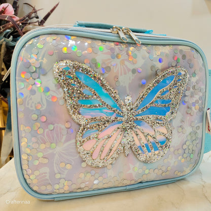 3D Butterfly Lunch Bag for Girls – Shiny Sequin Holographic Finish (bottle not included)