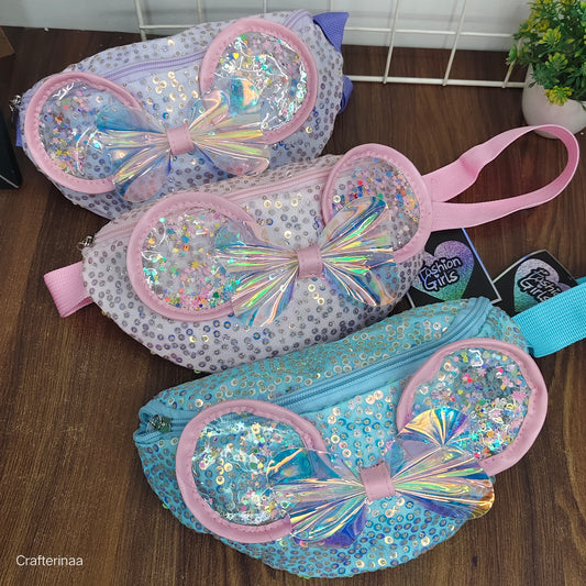 Girls’ Holographic Bow Waist Bag with Sparkle Ears – Adjustable belt