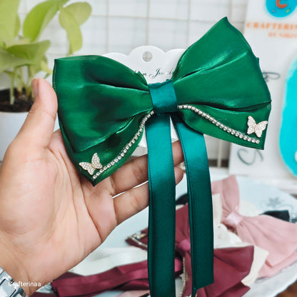 Elegant Butterfly Rhinestone Satin Bow Hair Clip – Luxury Ribbon Hair Bow Barrette for Women & Girls | Party, Bridal & Casual Hair Accessory