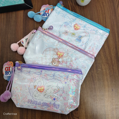 "Glitter Transparent Zipper Pouch – Cute Cartoon Print with Pom Pom Charm"
