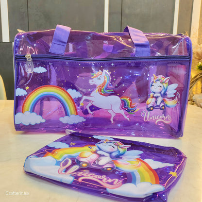 Stylish Transparent Travel Bag with pouch for Kids – Lightweight Cartoon Print Handbag| jelly bag with pouch combo
