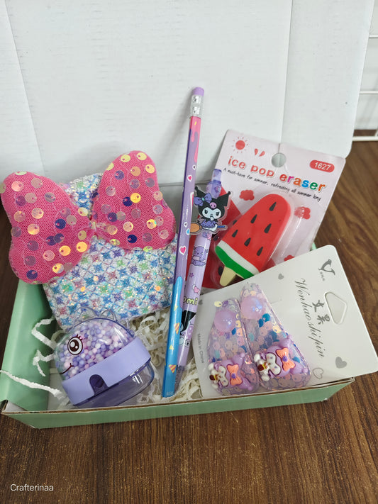 Cute Kids Stationery Gift Hamper | Bow Pouch, Hair Clips, Pencil, Eraser & Sharpener Set