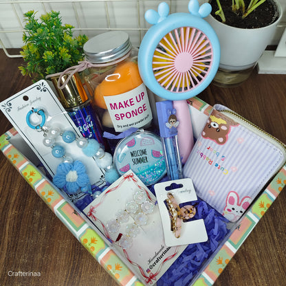 Cute Summer Self Care Gift Hamper for Girls | Mini Fan, Makeup Sponge, Wallet, Jewelry & Accessories Gift Box