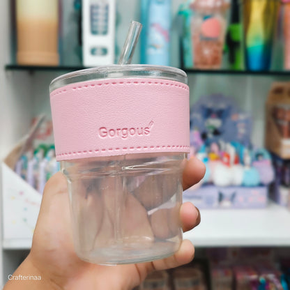 "Elegant Glass Travel Tumbler – Brown Leather Wrap & Transparent Straw"