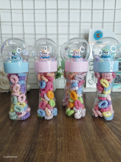 Cute Cartoon Snow Globe Hair Rubber Set for Kids | Soft Pastel Hair Scrunchies Jar