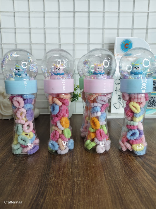 Cute Cartoon Snow Globe Hair Rubber Set for Kids | Soft Pastel Hair Scrunchies Jar