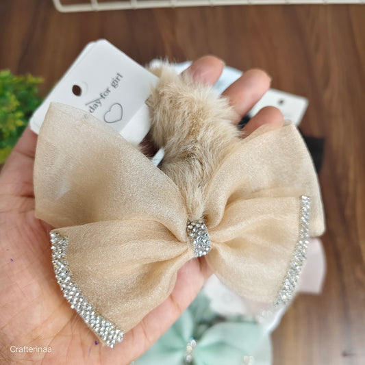 Luxury Fur Bow Hair Clips with Rhinestones|Furry Glitter Bow Hair Clip|