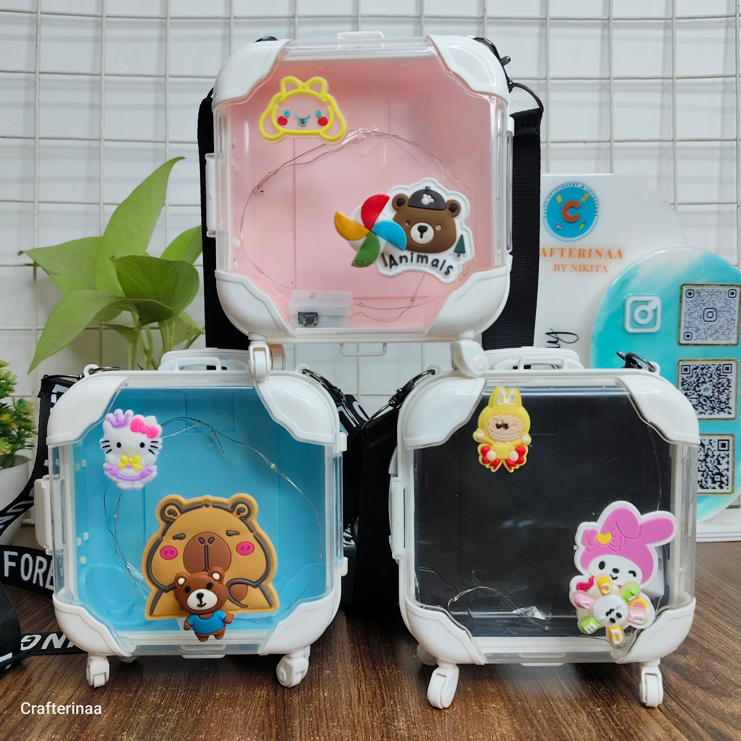 Cute Mini Suitcase LED Crossbody Bag for Kids – Transparent Kawaii Cartoon Travel Style Sling Bag with Wheels & Strap