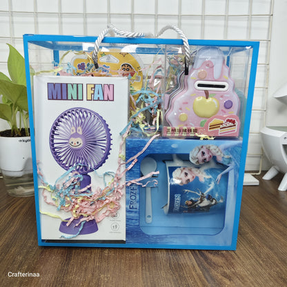 Kids Birthday Gift Hamper – Unisex Stationery & Fun Gift Box with Mini Fan, Piggy Bank, Highlighters, Pencils & Cute Accessories for Boys & Girls