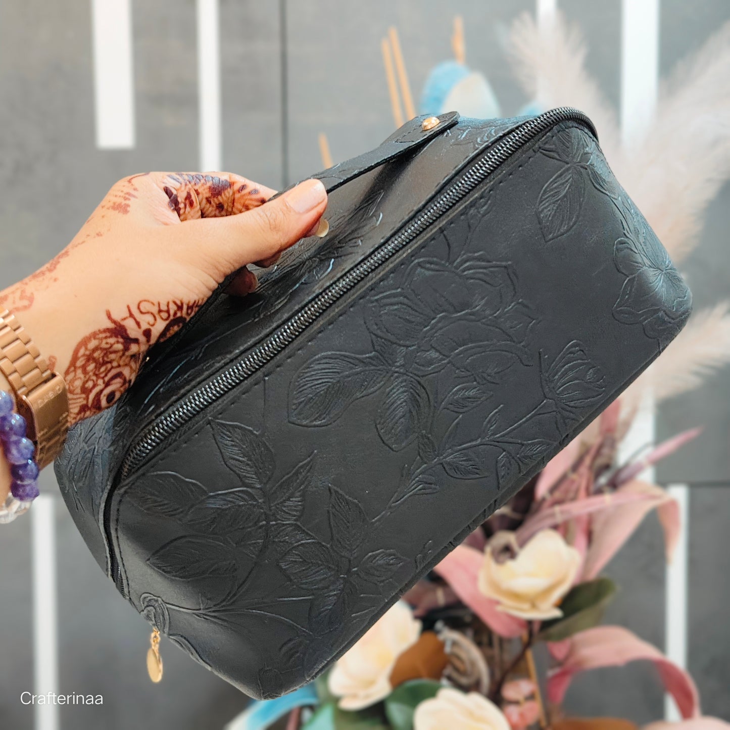 Elegant Leather Finish Embossed Pouch – Cosmetic, Toiletry & Organizer Bag