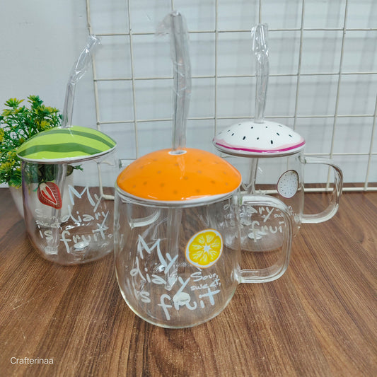 Fruit Design Glass Mug with Lid & Straw – Cute Water, Coffee & Juice Cup