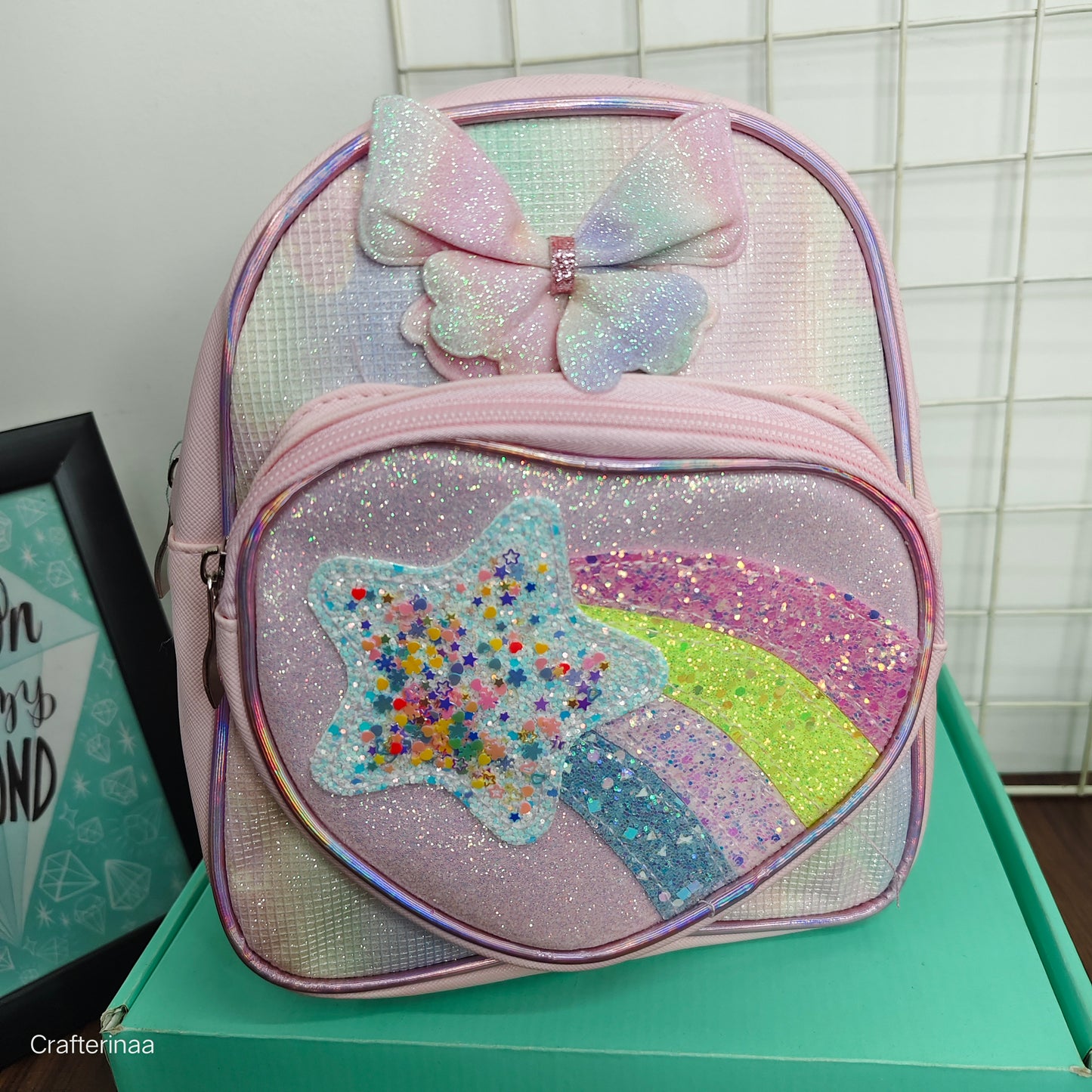 Glitter Heart Front Rainbow Backpack – School Bag for Girls