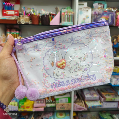 "Glitter Transparent Zipper Pouch – Cute Cartoon Print with Pom Pom Charm"