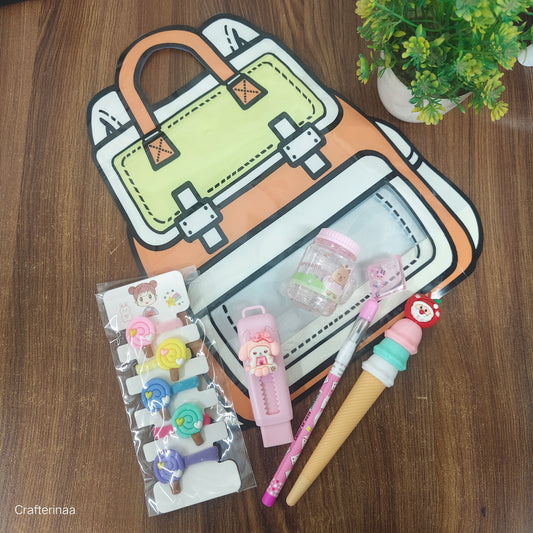 “Cute Stationery Gift Set for Kids – Zipper Pouch, Erasers, Pens, Sharpener & Hair Clips”